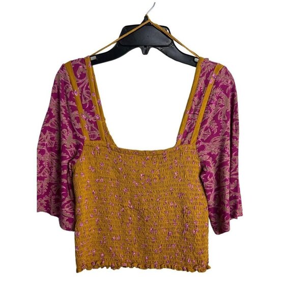 Free People Marigold Smocked Crop Top Golden Combo NWT XS - Picture 6 of 11